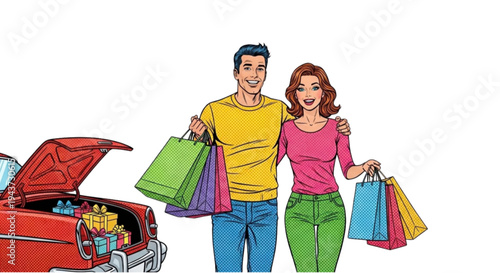 Young couple smiling while carrying shopping bags from red car  
