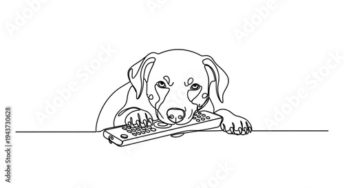 Dog chewing on a remote control in a minimal line art style  