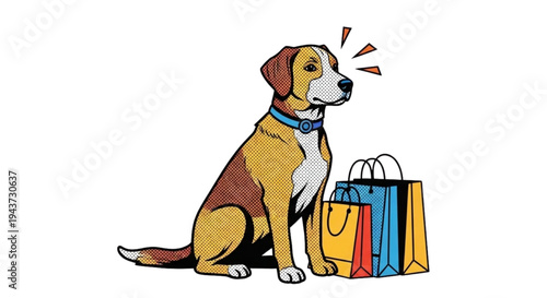 Dog sitting beside colorful shopping bags with alert expression  