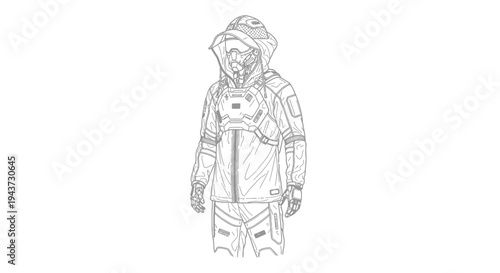 Protective Hazmat Suit Drawing: Futuristic Biohazard Gear, Gas Mask, Hooded Jacket