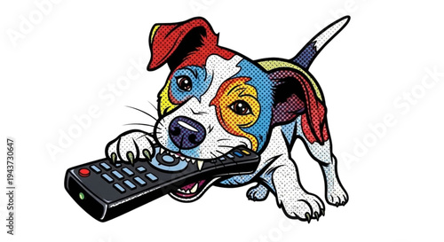 Dog chewing on remote control in playful and colorful illustration  