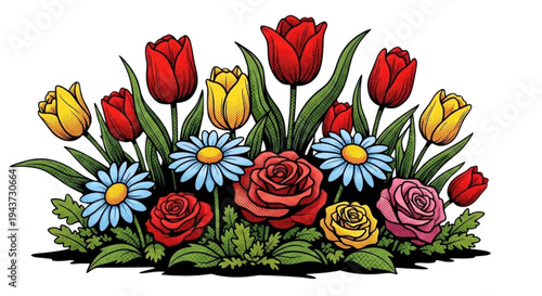 Colorful flower bed with roses, tulips, and daisies in a garden  