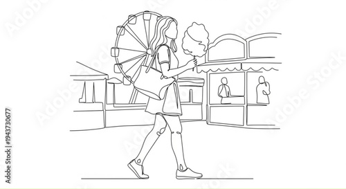 Young woman walking with cotton candy and bag at amusement park  