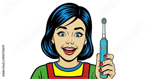 Cartoon woman smiling while holding electric toothbrush with confidence  