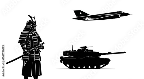 Samurai Warrior Facing Modern Military Aircraft and Tank