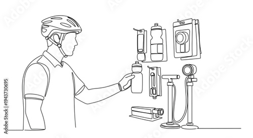 Cyclist interacting with bike repair tools and accessories in workshop  