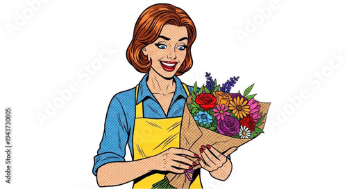 Woman smiling while holding a bouquet of flowers in an apron  