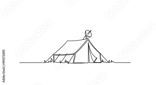 Army communication tent set up in field with satellite dish  