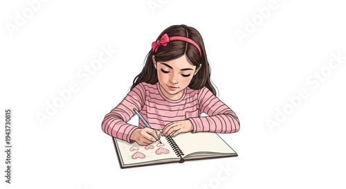 Young girl drawing hearts in notebook while sitting at table  