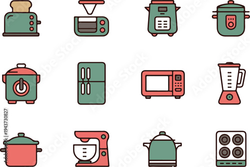 Flat kitchen appliance icon set including toaster coffee maker microwave blender kettle and stove for modern home interior design