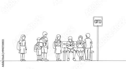 Group of children and adults waiting at bus stop in line drawing style  