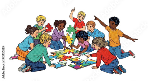 Group of children assembling colorful puzzle on the floor indoors  