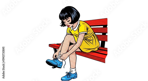 Girl sitting on red bench tying shoelaces in yellow dress  