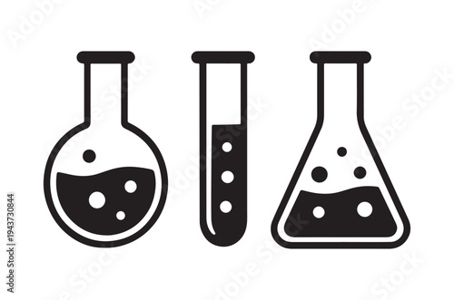 Three laboratory beakers and test tubes with liquid contents illustrated