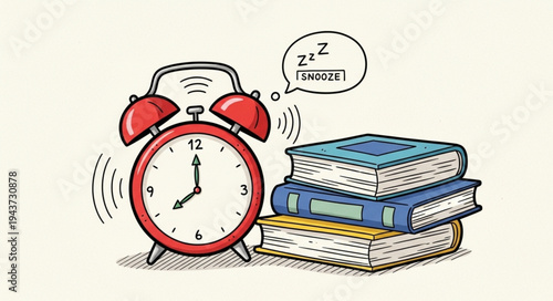 Classic Red Alarm Clock with Books and Sleep.
