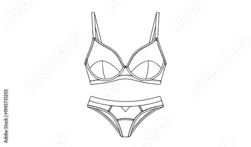 A minimalist line art illustration of a bra and panties set in a simple and elegant design style