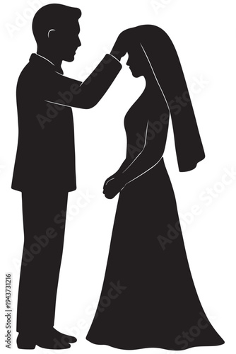 Man assisting woman with adjusting her veil for a formal event