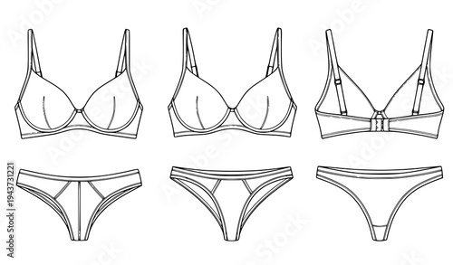 A set of minimalist line art illustrations of women's lingerie including bras and panties