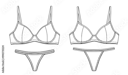 Women lingerie set vector illustration with bra and thong panties outline design for fashion apparel template, intimate clothing collection and underwear product design