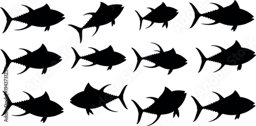 Collection of black fish silhouettes on white background