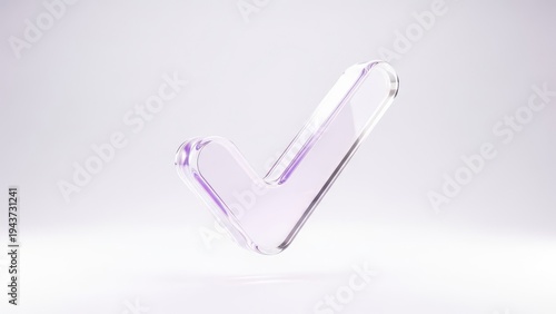 Minimalist transparent glass checkmark symbol with subtle purple glow on a light, soft background, signifying approval