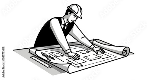 An architect wearing a hard hat examines blueprints spread out on a table, with a ruler nearby.
