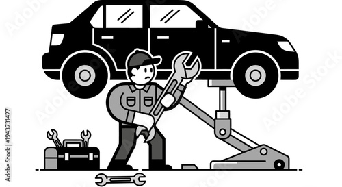 Mechanic working on a car lifted on a hydraulic jack with tools nearby.