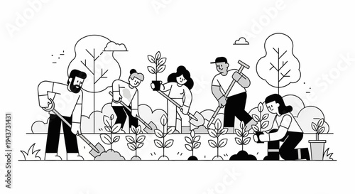 A group of diverse people working together in a garden, planting seedlings and cultivating the soil, illustrating community gardening and teamwork.