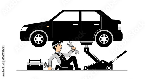 A mechanic in overalls works on a car lifted by a jack, with tools nearby.