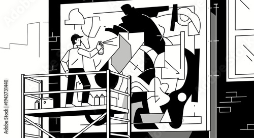 Artist on scaffolding spray painting a large abstract mural on a brick wall with city buildings in the background.