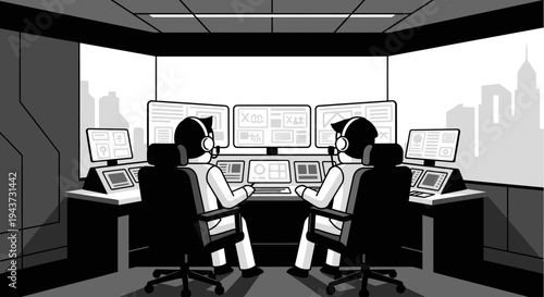 Two individuals in a control room wearing headsets and facing multiple computer monitors displaying data.