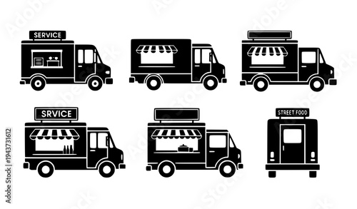Food Truck Black Pictogram Icon Set with Side Front and Back Views Vector Illustration