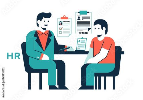 Human Resources professional conducting a job interview with a candidate, reviewing resumes and documents on a desk.