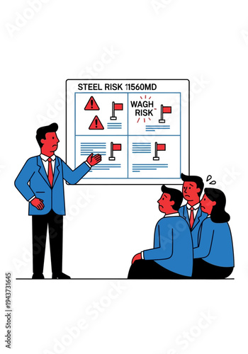 A presenter in a suit stands before a whiteboard displaying risk assessment matrices to a group of attentive listeners.