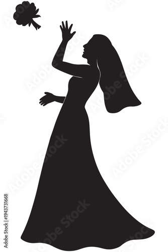 Elegant bride silhouette waving while bouquet floats nearby in graceful attire