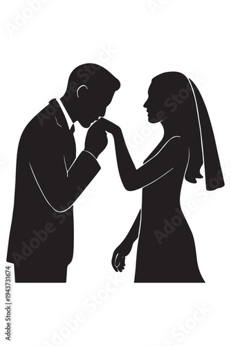 A couple exchanging wedding rings in a traditional ceremony gesture.