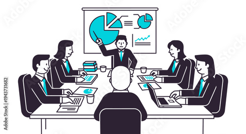 An illustrated business meeting with a team collaborating around a table, featuring a presenter explaining charts and graphs on a screen.