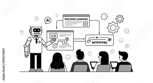 A robot lecturer teaching machine learning and AI concepts to a group of students or professionals in a classroom setting.