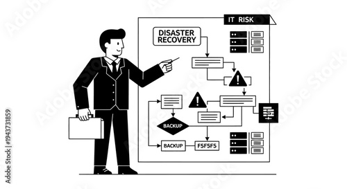 A man in a suit presents a detailed IT disaster recovery flowchart, outlining risk management and backup strategies.