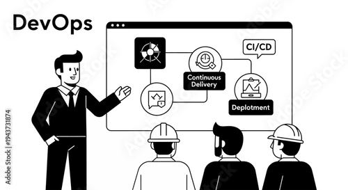 A business professional explains the DevOps CI/CD workflow to a team of engineers, illustrating continuous delivery and deployment processes.