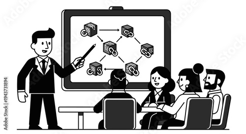 A business presentation showing a blockchain network diagram on a whiteboard to an attentive audience.