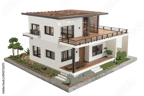 A detailed 3D architectural model of a contemporary two-story residence with white walls and wooden accents, on transparent background. Professional scale model of a modern villa