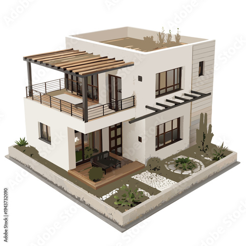 A detailed 3D architectural model of a contemporary two-story residence with white walls and wooden accents, on transparent background. Professional scale model of a modern villa