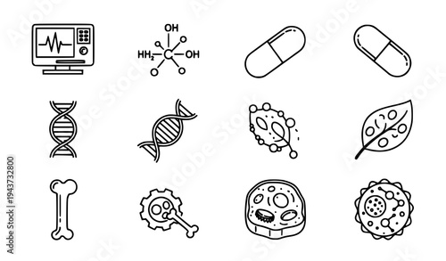 Biomedical and Pharmaceutical Research Black Outline Icon Set Vector Illustration