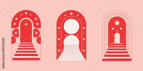 Set of mystical red boho archways with stairs and celestial stars,Minimalist esoteric portal vector illustration