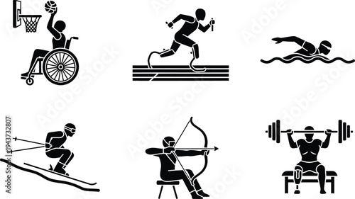 Para Sports and Adaptive Athletics Icon Set; Vector Flat Icons for Wheelchair Basketball, Paralympic Running, Swimming, Sit-Down Archery, Powerlifting, and Disabled Winter Sports