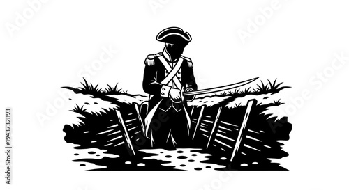 Revolutionary soldier in trench with sword, black and white illustration