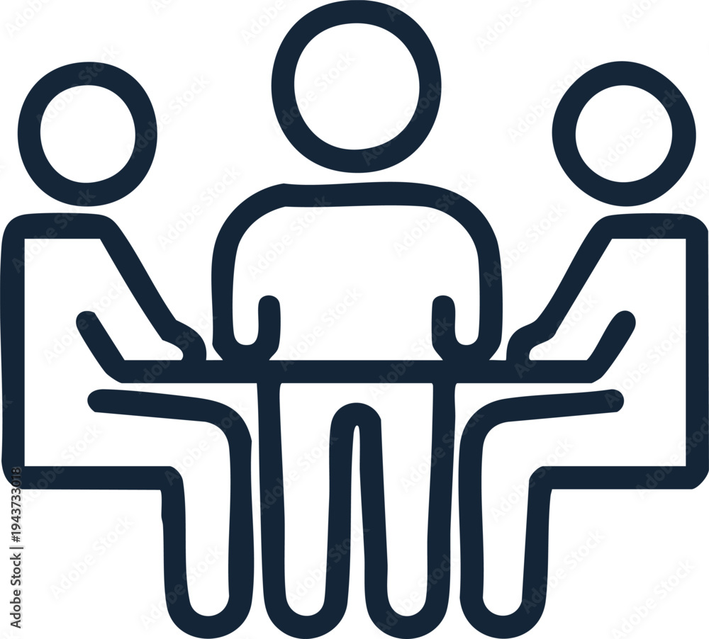 Obraz premium Strategic Collaboration: An illustrated depiction of three individuals seated around a table, engaged in a focused business meeting to foster idea generation and collaborative synergy.