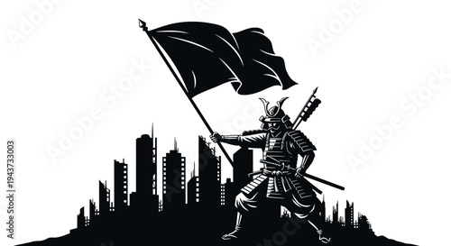 Samurai Warrior with Flag Over Futuristic City Skyline - Black and White