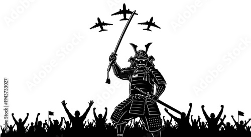 Samurai Warrior with Katana and Fighter Jets, Victory Crowd Silhouette